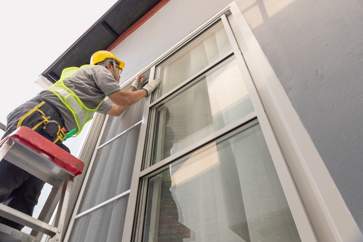 A worker is installing a large glass door on a ladder at a residential building site in San Jose