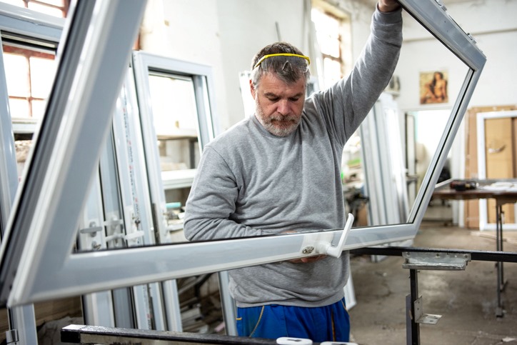 Technician assembling an aluminum window frame in a workshop setting in San Jose
