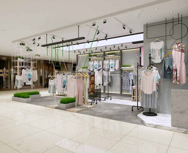 Modern retail store with large glass windows and neatly displayed clothing in San Jose